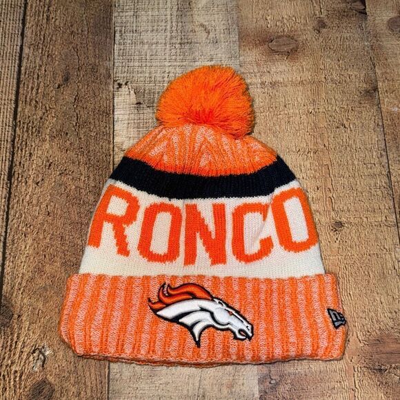 Denver Broncos NFL New Era Winter Cuffed Pom Knit Skull Cap Orange/White OSFM - Picture 1 of 7